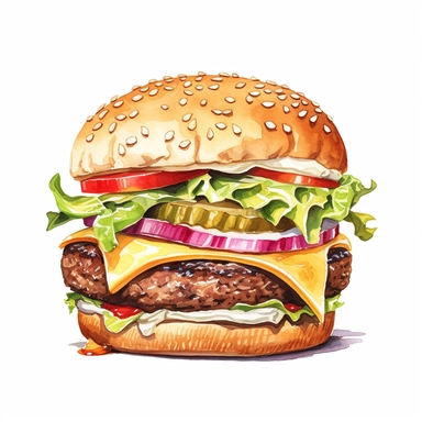 a watercolor, hyper-realistic clipart image with a white background and white margins, showcasing a classic cheeseburger with a juicy beef patty, melted cheese, lettuce, tomatoes, and pickles. The ultra-detailed, hand-drawn elements capture the textures and colors of the burger ingredients. Use bold shades of brown, green, and red to evoke the mouthwatering and indulgent nature of this fast food staple