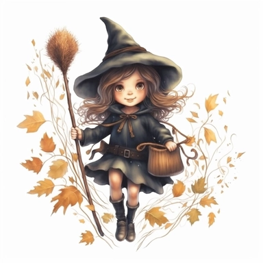 tiny cute baby girl dressed in witch costume with long hair, flying on a broom, spiders around it, surrounded by mystical plants, unreal engine, amanda clark illustration, white background, illustration, by amanda clark, clip art