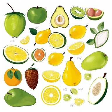 Yelow and green colors, food, lime, pear, apple, pineapple, lemon, avocado, banana, Clipart illustrations, white background