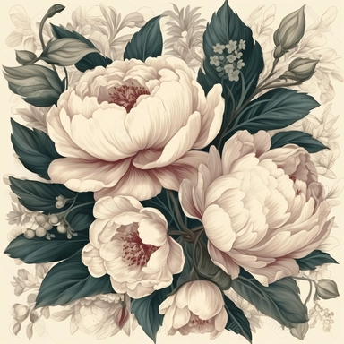 A vintage clipart of a peonies pattern, which you can use in the corner of the card, with a classic and elegant design, suitable for formal and traditional applications such as wedding programs or printed invitations, in the style of Helleborus Studio and Anugrah Lohiya, with delicate details and subdued colors. no text