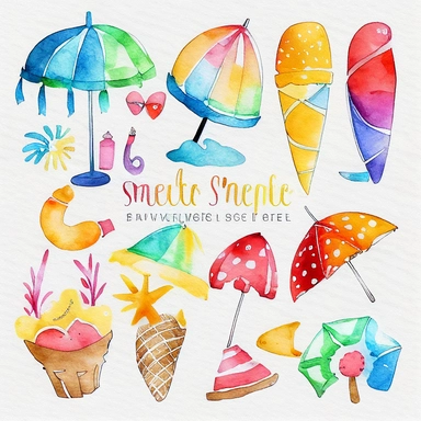 Please create a series of watercolor clipart illustrations featuring different items related to summer. Each illustration should be drawn in a charming and playful style that captures the beauty and vibrancy of the season. Items to include can be beach umbrellas, flip flops, sunglasses, ice cream cones, sandcastles, and seashells. Please use a coherent color palette that is bright, cheerful, and evokes the feeling of warmth and sunshine. Colors that are associated with summer, such as yellows, o