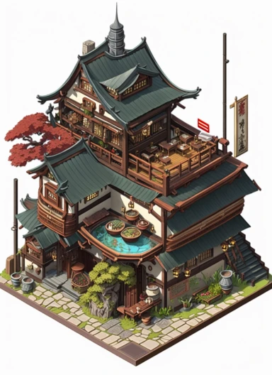 enamel 3D isometric bohemian medieval fantasy steampunk luxurious tavern inn onsen, ukiyo-e clipart illustration, white background