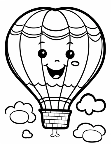 Kawaii hot air balloon floating in the sky with a happy passenger For Simple Coloring page,line art, thick lines, black and white,clipart, illustration, on white background,Detailed,Details