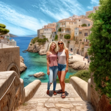 panoramic view, full view, landscape, two beautiful older middle-aged female best friends, age progression, heavier weight, one with long white blonde hair and one with short white blonde hair, age appropriate attire, same height, posing, smiling, beautiful faces, along a cobblestone walkway in a beautiful mediterranean town with view of beautiful blue water, cascading bougavanelia, beautiful summer day, illustration clipart, photo realistic, romantic, fantasy, ethereal, sharp focus, high detail