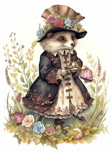 a cute hedgehog in a field wearing edwardian floral vibrant embroidered outfit , in the style of jody bergsma, 32k uhd, hand-painted details, charming character illustrations, dark brown and light beige, pink,aquarellist, hd , white background clipart