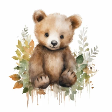 watercolor, woodland, cute, baby bear, clipart,white background