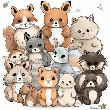 kids cute furry friends animal clipart, doodle art, white background