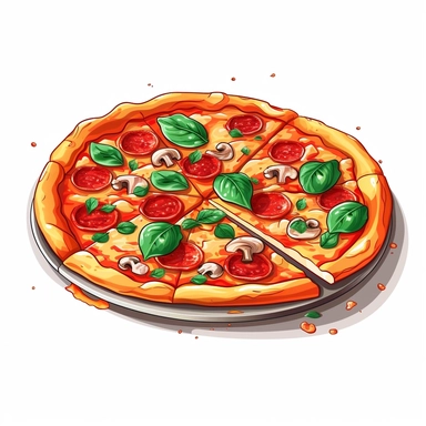 A pizza, cartoon, detailed, clip art, white background, no shadow