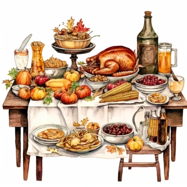 watercolor, hyper realistic, white background, white margins, 16k, ultra detailed clipart, cut out image, hand-drawn a vintage harvest table set with traditional dishes like roasted turkey, mashed potatoes, and cranberry sauce. The warm, earthy color palette and rustic elements capture the essence of a vintage harvest feast. in the style of pencilsteampunk, delicate watercolor, creative commons attribution, miniaturecore, grocery art, white and amber, website