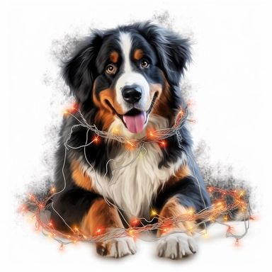 A clipart of a Bernese Mountain Dog in a festive setting, with Christmas lights tangled in its fur, created on a white background.