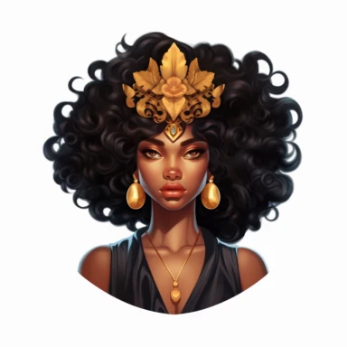 black dark-skin women with big curly flower hair wearing a golden crown staring straight forward with big shiny lips, clip art