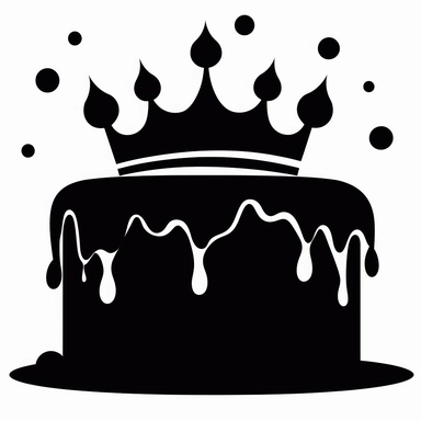 birthday cake with princess crown on, it decal simple cutout clipart, black silhouette,