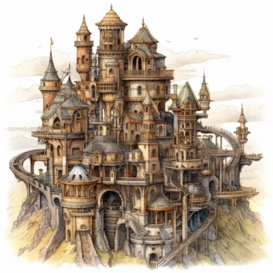 Watercolor hyperdetailed ultra realistic clipart of steampunk fictional worlds like Middle Earth, Hogwarts, or Narnia, including intricate details such as famous landmarks, architecture, and landscapes