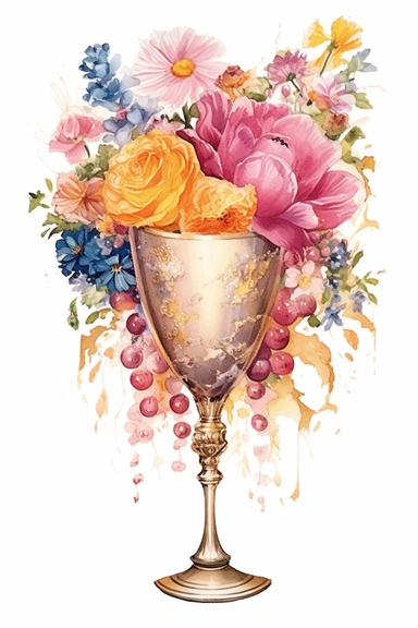 watercolor inthe style of Ambrosius Bosschaert, clipart, art nouveau cocktail goblet overflowing with flowers, hd, wedding, pink bubbly champagne, isolated on white background, gold sparkly embellishment, vivid vibrant color