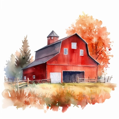 vector watercolor red barn in autumn clipart on white background, photorealistic, ultrarealisticno background, on white