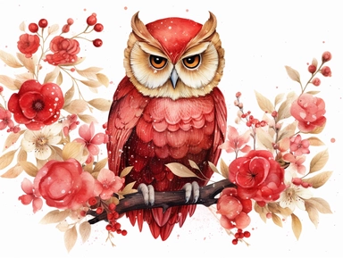 red gold watercolor Owl with flowers clipart with golden metallic line and some glitter, plain background, 8k, high resolution