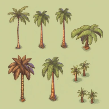 simple palm trees, video game assets, isometric, top down, isolated figures, hand drawn, level art, atmospheric effects, spatial concept art, muralist, clipart, ps1 graphics, deconstructed objects, 2d, plain background