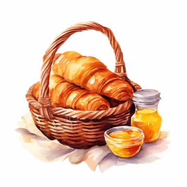 watercolor clipart simple and chic, a basket with croissant baguette butter and jam, white background