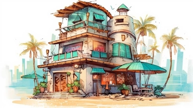 Beach Coffee shop clipart water color cyan retro style