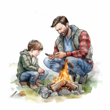 A father and son camping, sitting around a campfire and roasting marshmallows, Watercolor, Clipart, detailed, high resolution, transparent background PNG