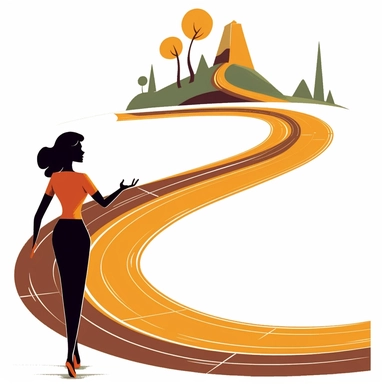 cartoon woman showing the way to a long winding road, clipart, white background