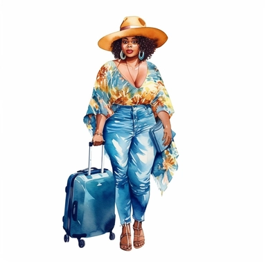 Realistic watercolor full body glamourous fat black woman, 35 year old lady with {luggage, summer hat}, clipart, cozy, bright warm colors, character design, highlydetailed, full body, isolated on white background