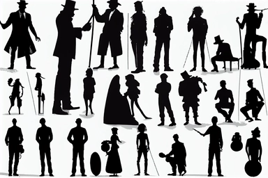 silhouettes of soldiers, jugglers, clowns, minstrels, beggars, vagrants, hoboes, madmen. Bizarre, whimsical, random, victorian, theatrical, funny. Black and white clipart collection, white background