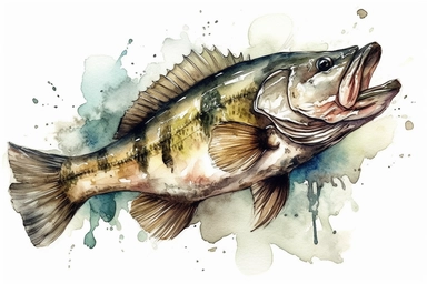 watercolor Gone Bass Fishing vividly bold designs png realistic cartoon in 32K UHD cute. 15 cm thick outline. There was no shadow on the ground. 8k with realistic watercolors. and detailed illustrations. PNG clipart, transparent white background spaced ou