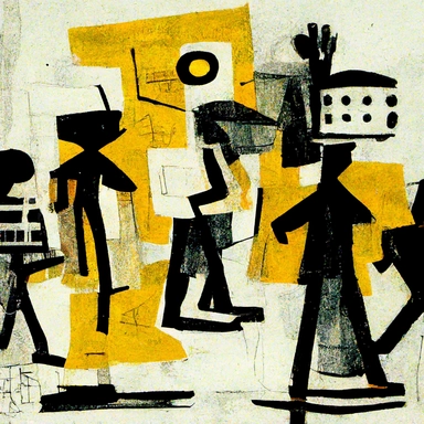 a painting of a group of people walking down a street, an abstract drawing, inspired by Albert Gleizes, deviantart contest winner, black and yellow scheme, black gotic letter m, anthropomorphic machine, clipart, basquiat, tintoy characterdesign robot, 2 0 0 7, in the design of eliot kohek, \ 4 \ k