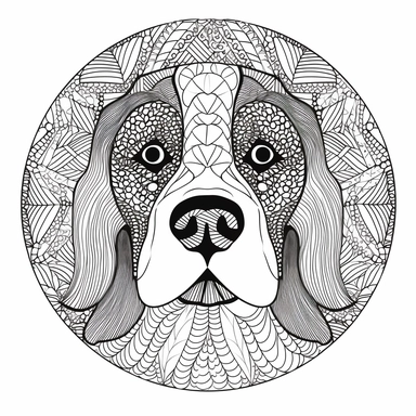 logo, zendoodle St Bernard dog , head, facing front, cute, circle frame, cartoon clipart, vector, bold line, white isolated background, high definition