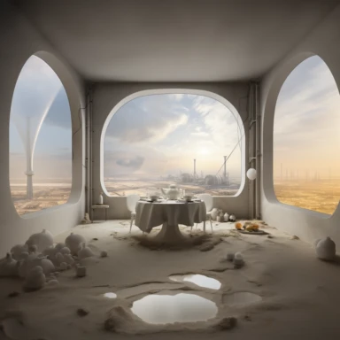 pristine white futuristic room interior, table with white shapeless food and white fruit, window with panoramatic view of wasteland on the horizon with lot of smoke, factory chimneys, air pollution, apocalyptic yellow sky
