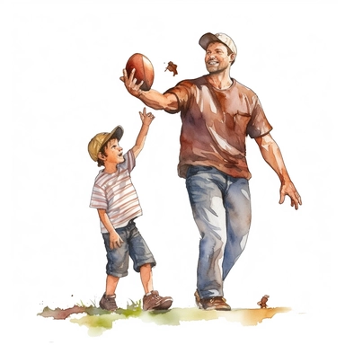 A father and son playing catch with a baseball or football, Watercolor, Clipart, transparent background PNG