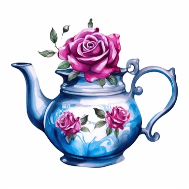 watercolor teapot with blue roses on it, in the style of realistic watercolors, light silver and dark pink, charming character illustrations, english painter, uhd image, colorful drawings Clipart desert cartoon t-shirt graphic, vector,contour, isolated on a white background