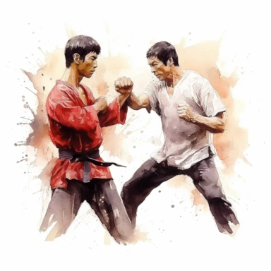 Jeet Kune Do fight, Karate, highly detailed, watercolor, clipart, illustration, white background, digital painting, paper crafting, no signature, no text