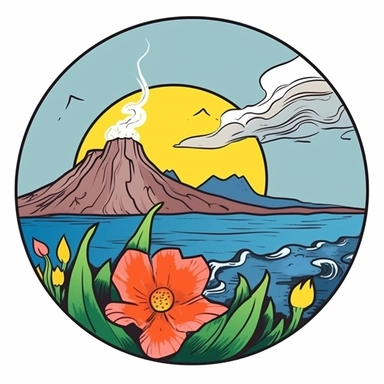 Sticker, clipart, bright colors, Brush painted volcano with tulip flower inside and coastline beneath ,contour, vector, white background, white outline, circle frame.