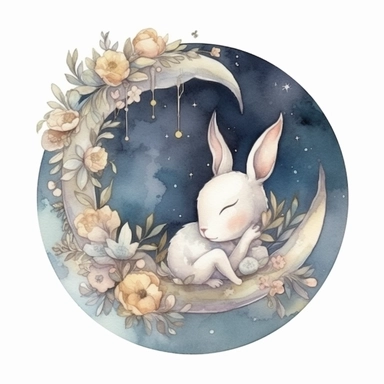 a crescent moon with a sleeping baby bunny in the hook of the moon, dreamy feel, fantasy feel, watercolor, Illustration clipart, 4K, detailed