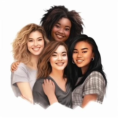asian american, african american and european feminine best friends realistic illustration clipart, isolated on white background, 4K