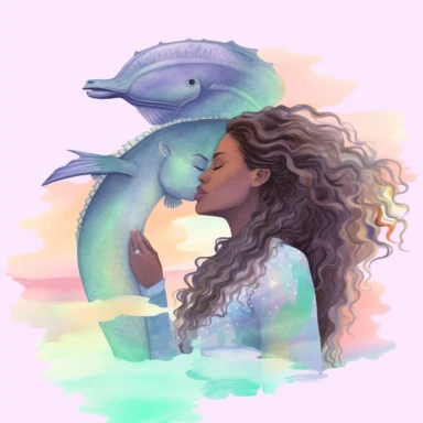 Mermaid Clipart Clipart, full body pastel colors african american Mermaid woman an man kissing surronded by dolphin , beautiful joint tail, natural hair, dreads, distinctive noses, illustration blend with cartoon realism and cate parr style