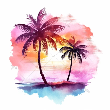 watercolor clip art on white background of a tropical palm tree beach sunset in cotton candy colors