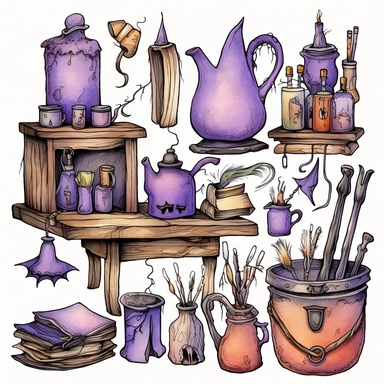 Cute witch furniture, ink and wash, watercolor Clipart, style by Lucy Fleming, watercolor, smooth gradients, black contour outline, ultra detailed, clipart elements, delicate pastel colors, solid white background, super clear, high quality