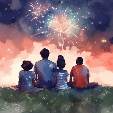 black family watching Fourth of July fireworks, sitting on blanket in grass, clipart, watercolor style, defined edges, night background