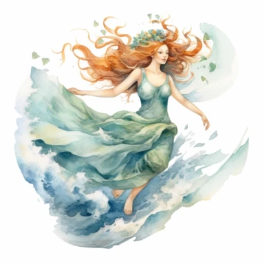 A sea breeze fairy, fluttering above the ocean waves clipart, white background, watercolor sophisticated drawing