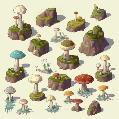 simple mushroom covered boulders, video game asset, isometric, top down, isolated figures, hand drawn, level art, atmospheric effects, spatial concept art, muralist, clipart, ps1 graphics, deconstructed objects, 2d, plain background