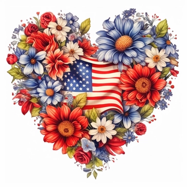 realistic illustration, heart clipart with floral decoration, with colors of the united states flag, july 24th, high definition embedded details, white background,