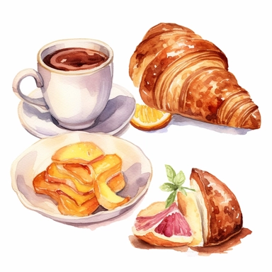 A delightful watercolor, hyper - realistic clipart image with a white background and white margins, showcasing a pattern of bacon and croissants and coffee . The ultra - detailed, hand - drawn elements capture the golden toasted. Use whimsical touches to add a sense of freshness,and bold shades of yellow and brown to evoke the comforting and satisfying nature if this food