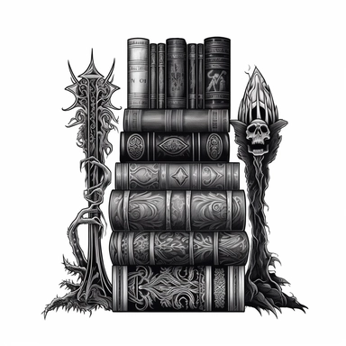 Create an impressive clipart of a clean, dark wizard's book stack on a pure white background. The design should incorporate elements of the gothic and fantasy genres, with dark hues and ornate designs on the books' spines. The lighting should be moody and shadowy, with a focus on the intricate details of the books' covers. The book stack should be perfectly symmetrical to create a sense of order and balance. Use a macro lens to capture the intricate details of the books' designs and play with th