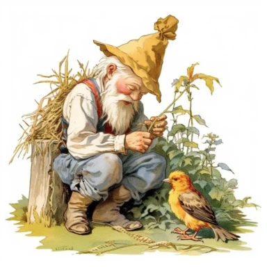 A Garden gnome crafting a scarecrow using twigs, hay, and clothing, with the intention of protecting the garden from pesky birds, Sunshine, white background, style of Pierre-Joseph Redoute, as clipart, single design, sharp lines, dreamy
