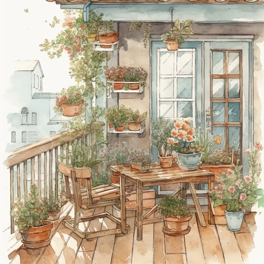 watercolor, hyper realistic, white background, white margins, 16k, ultra detailed clipart, cut out image, hand-drawn, whimsical manhwa style, ultra HD, sharp and clean art A cozy balcony with a small wooden table and chairs, surrounded by potted plants and blooming flowers, overlooking a garden.