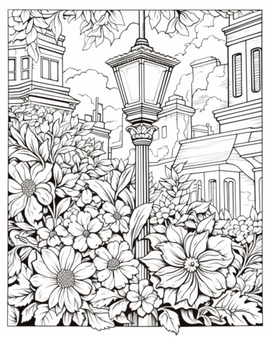street lamp with florals Coloring book page , line drawing of Beautiful realistic flowers fantasy coloring book clip art intricate, intricate clean lines, bold outlines, black and white, on a white background