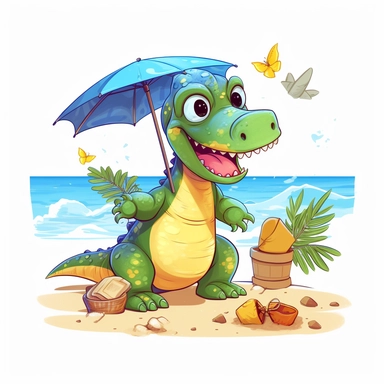 a foolish and cute dinosaur having fun at the beach , clipart style, white bg